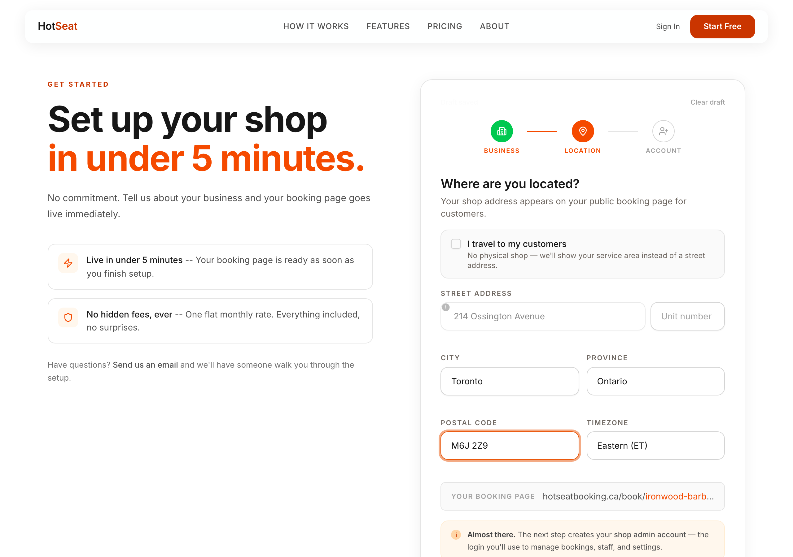 The Location step of the Start Free wizard