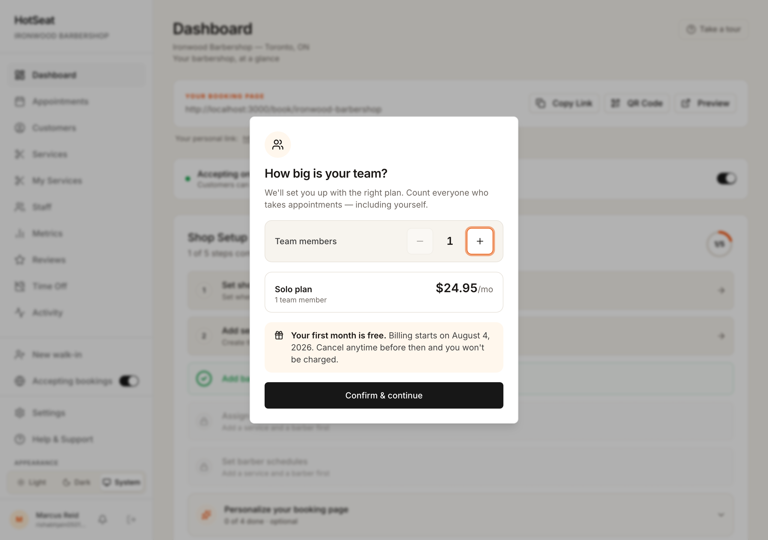 Confirm your team size and plan