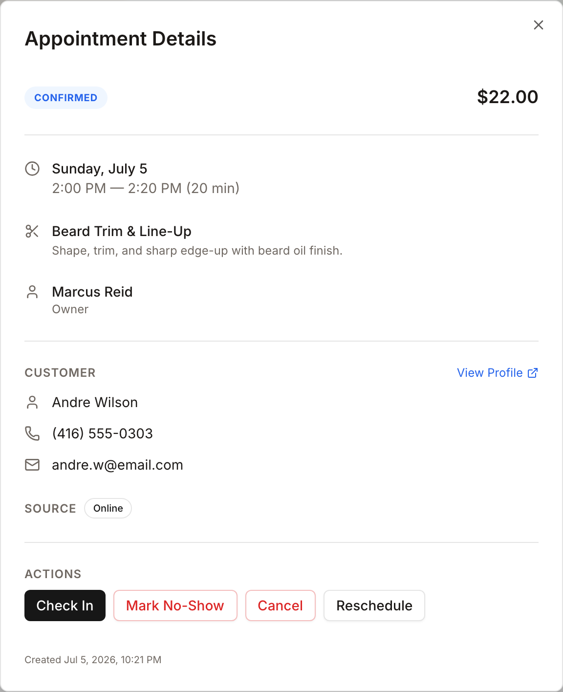 Appointment details and actions